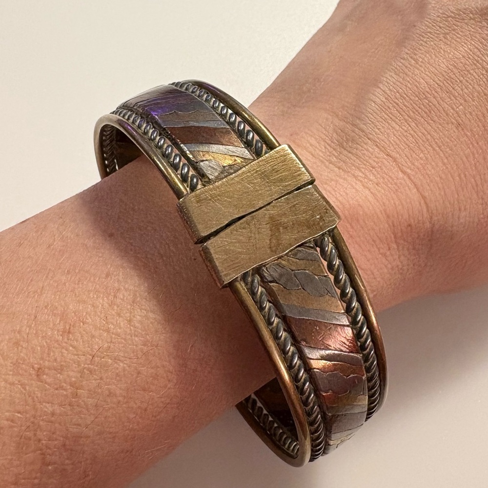 Vintage Mixed Metal Bohemian Copper Brass Silver Tone Cuff Bracelet Bangle - Picture 16 of 16